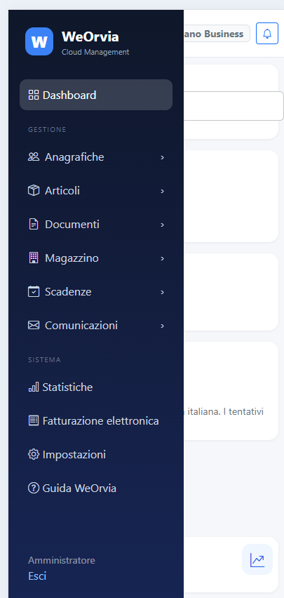 Menu WeOrvia su smartphone con anagrafiche, documenti e magazzino